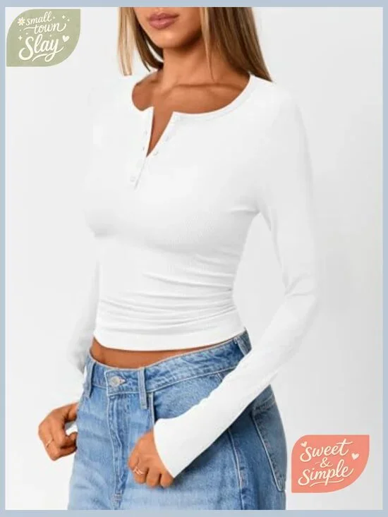 Long Sleeve Henley Thermal Top Fitted Ribbed Blouse Women's Casual Tee - Picture 3 of 6